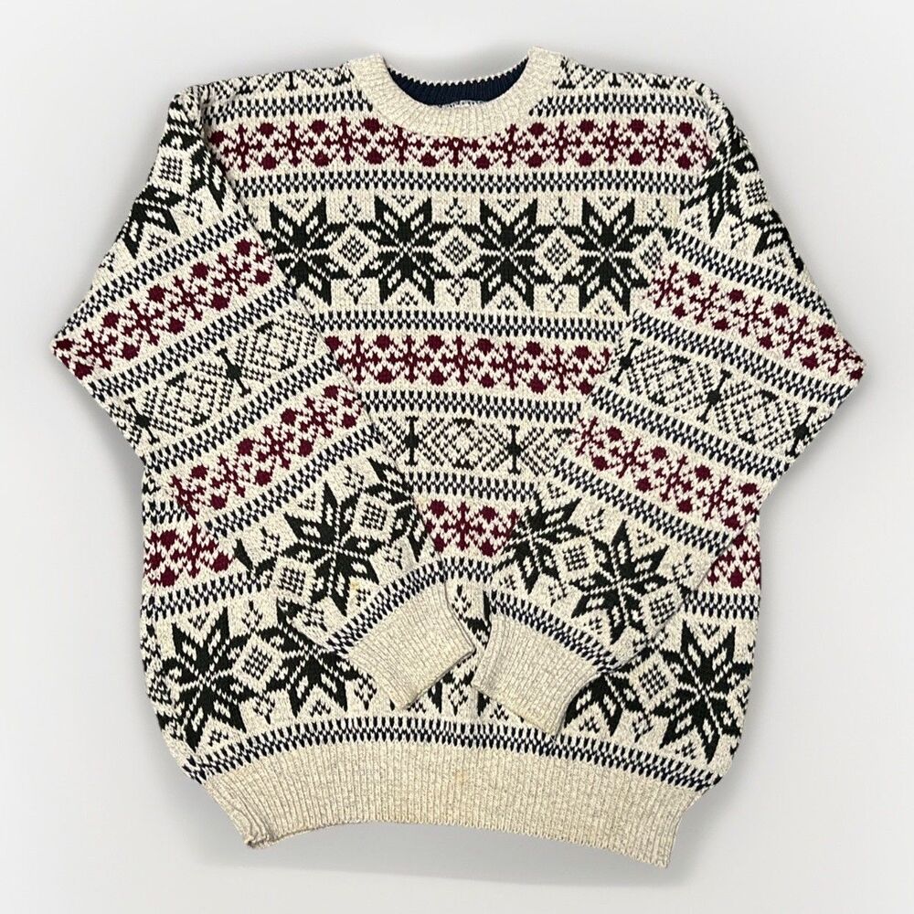 Vintage Fieldmaster Chunky Knit Sweater Mens L Nordic Fair Isle USA Made VTG 90s